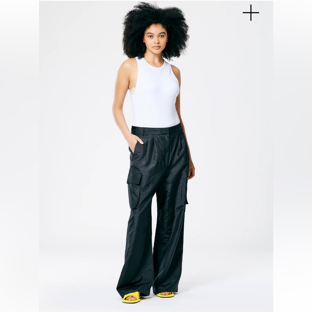 Tibi Stella Crispy Nylon Pleated Cargo Pant in Black